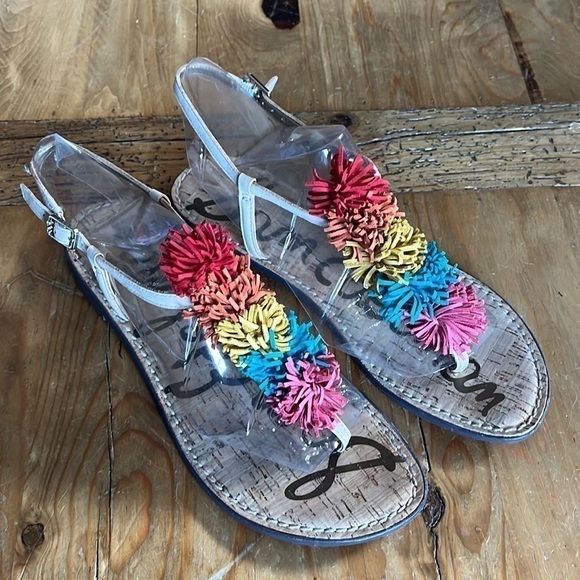 Sam Edelman Suede Multicolored Rainbow PomPom T-Strap Sandal Cream 9 - Picture 3 of 15